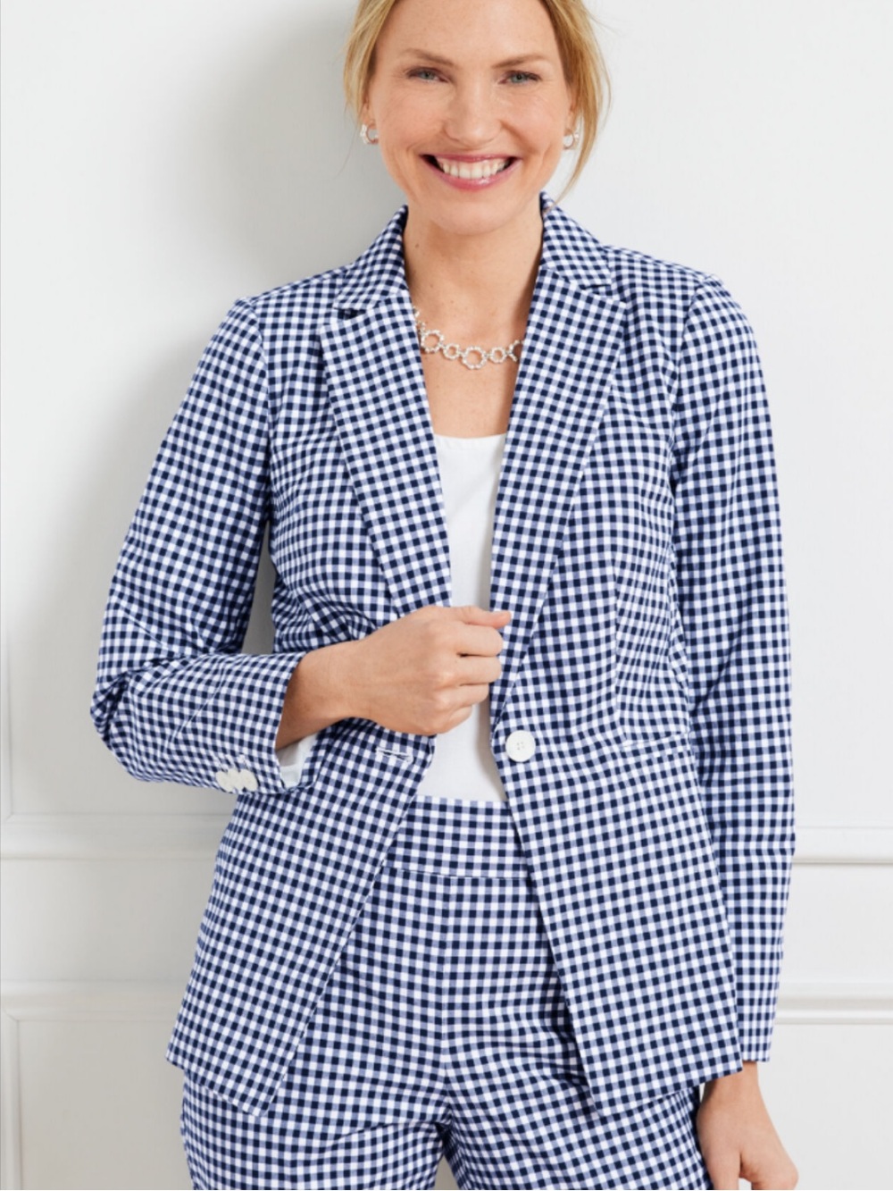 New Talbots size 12 Navy and White preppy Gingham stretch Blazer jacket
